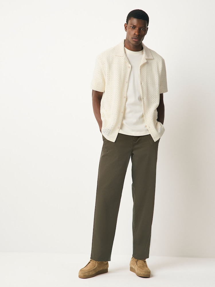 Khaki Green Relaxed Tapered Fit Pleated Textured Chino Trousers - Image 2 of 9 Khaki Green Relaxed Tapered Fit Pleated Textured Chino Trousers - Image 2 of 9