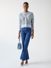 LK Bennett Blue Honey Cotton Contrast Pattern Cropped V-Neck Cardigan - Image 1 of 4