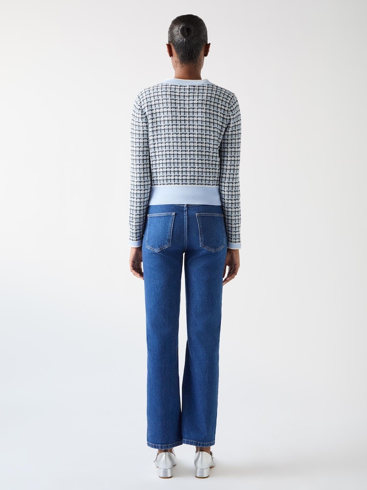 LK Bennett Blue Honey Cotton Contrast Pattern Cropped V-Neck Cardigan - Image 2 of 4