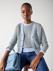 LK Bennett Blue Honey Cotton Contrast Pattern Cropped V-Neck Cardigan - Image 3 of 4