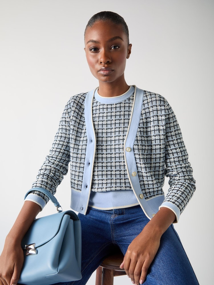 LK Bennett Blue Honey Cotton Contrast Pattern Cropped V-Neck Cardigan - Image 3 of 4