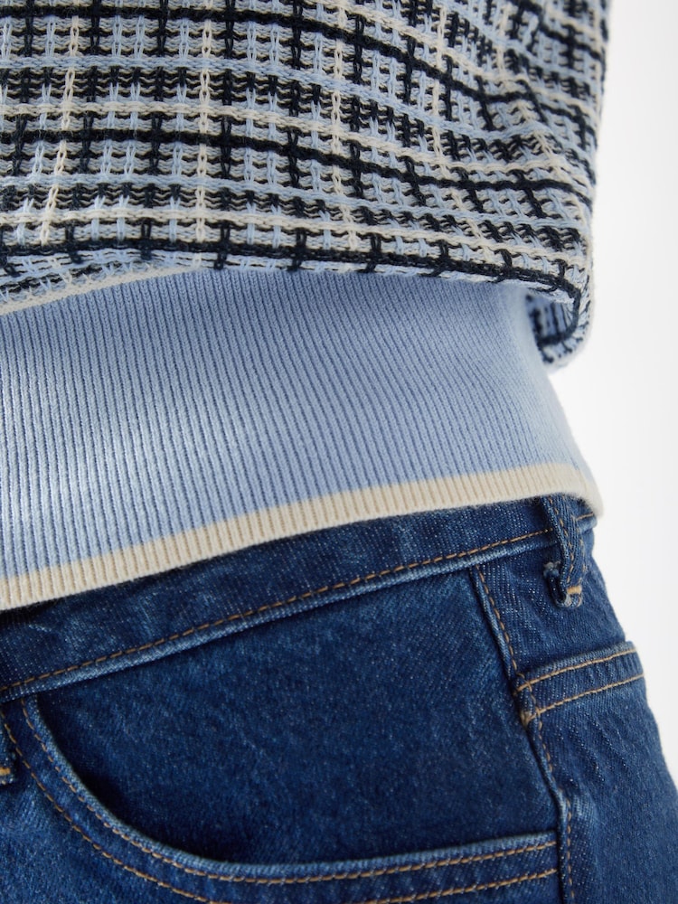 LK Bennett Blue Honey Cotton Contrast Pattern Cropped V-Neck Cardigan - Image 4 of 4