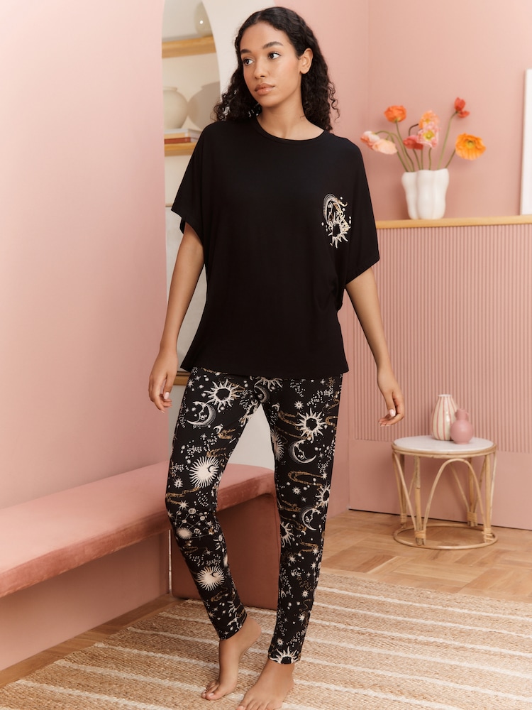 Bath & Body Works Black Celestial Legging 100% Cottton Set and T-Shirt Pyjama Set - Image 1 of 5
