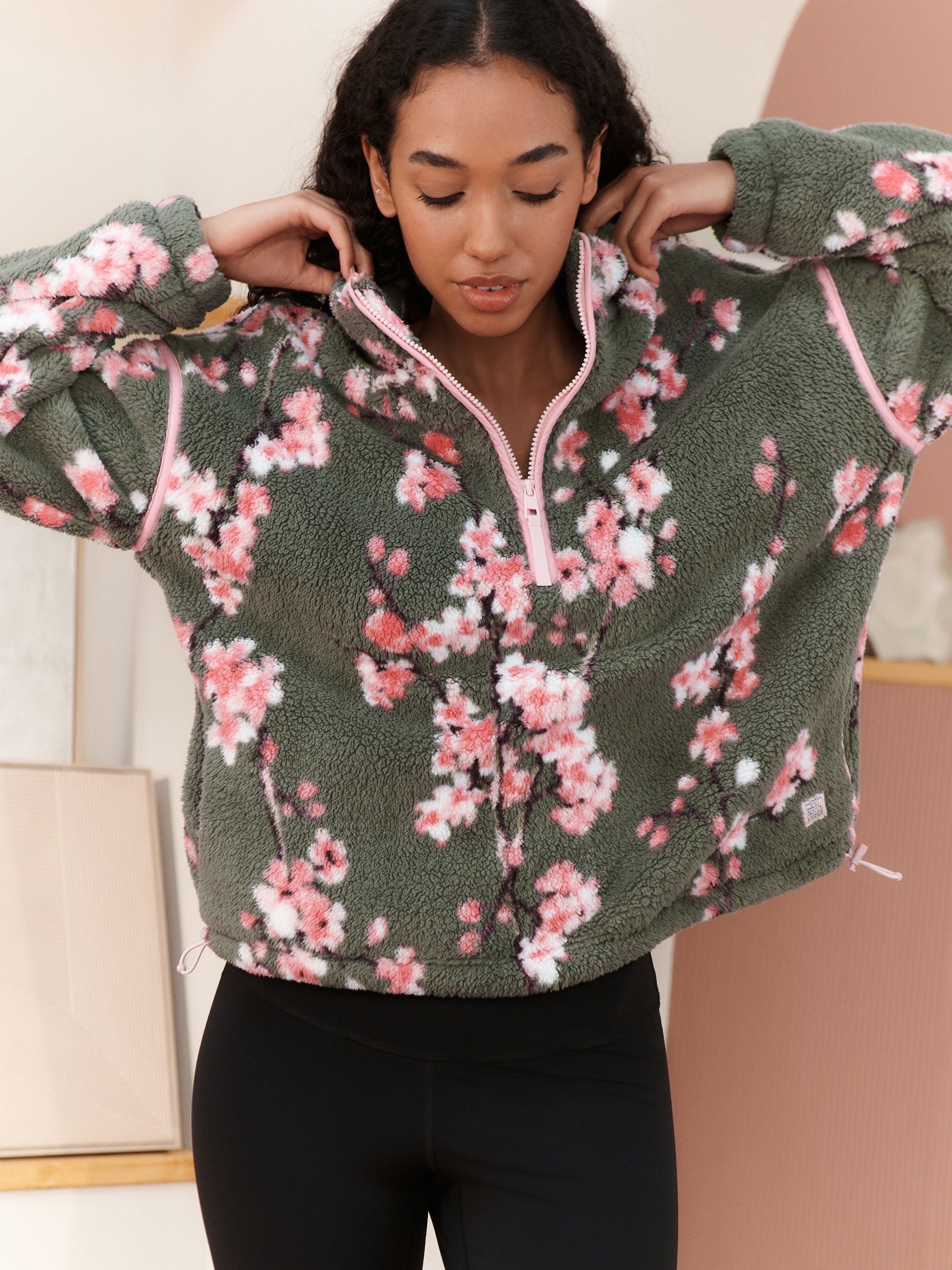 Green Cherry Blossom Borg Fleece