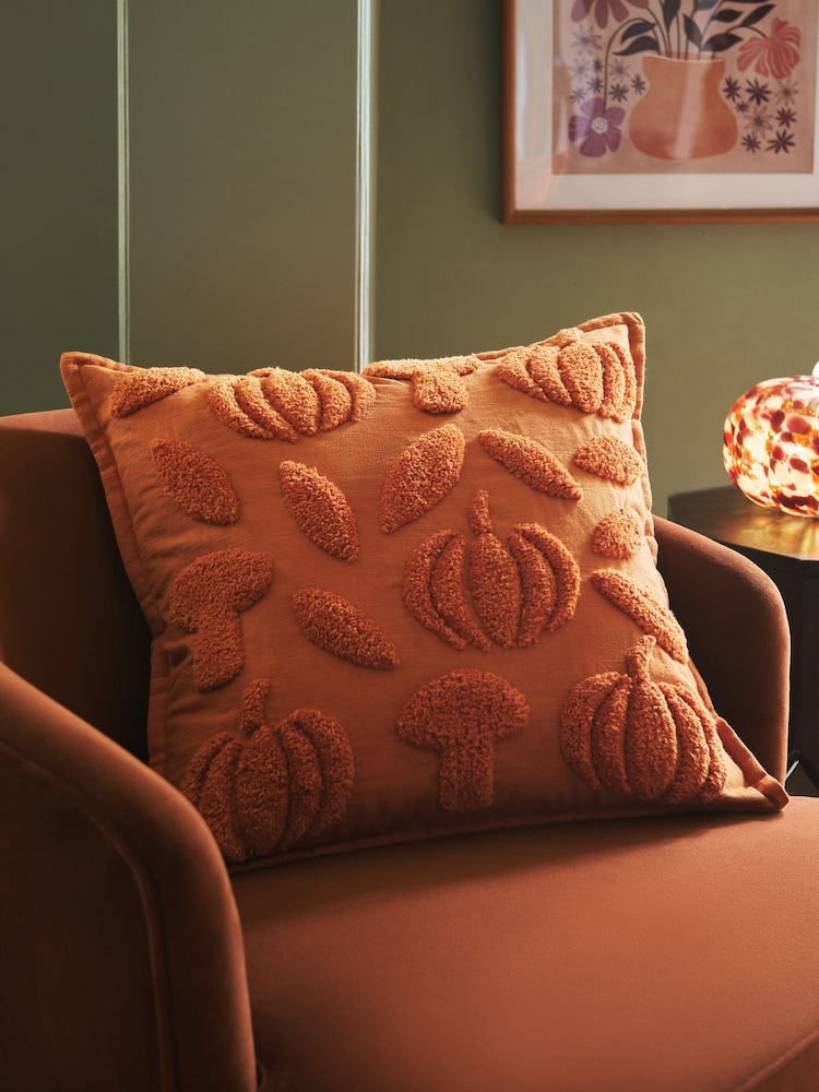 Orange 43 x 43cm Tufted Borg Pumpkin Cushion - Image 1 of 7
