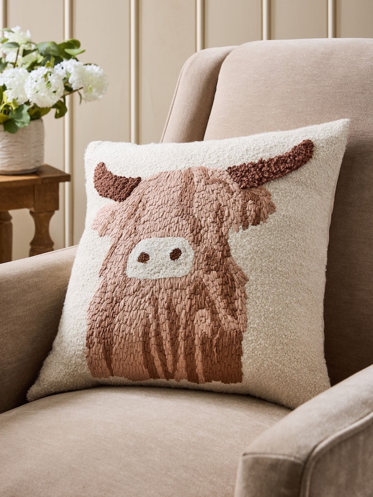 Natural 43 x 43cm 43 X 43cm Hamish Highland Cow Embroidered Cushion - Image 1 of 5