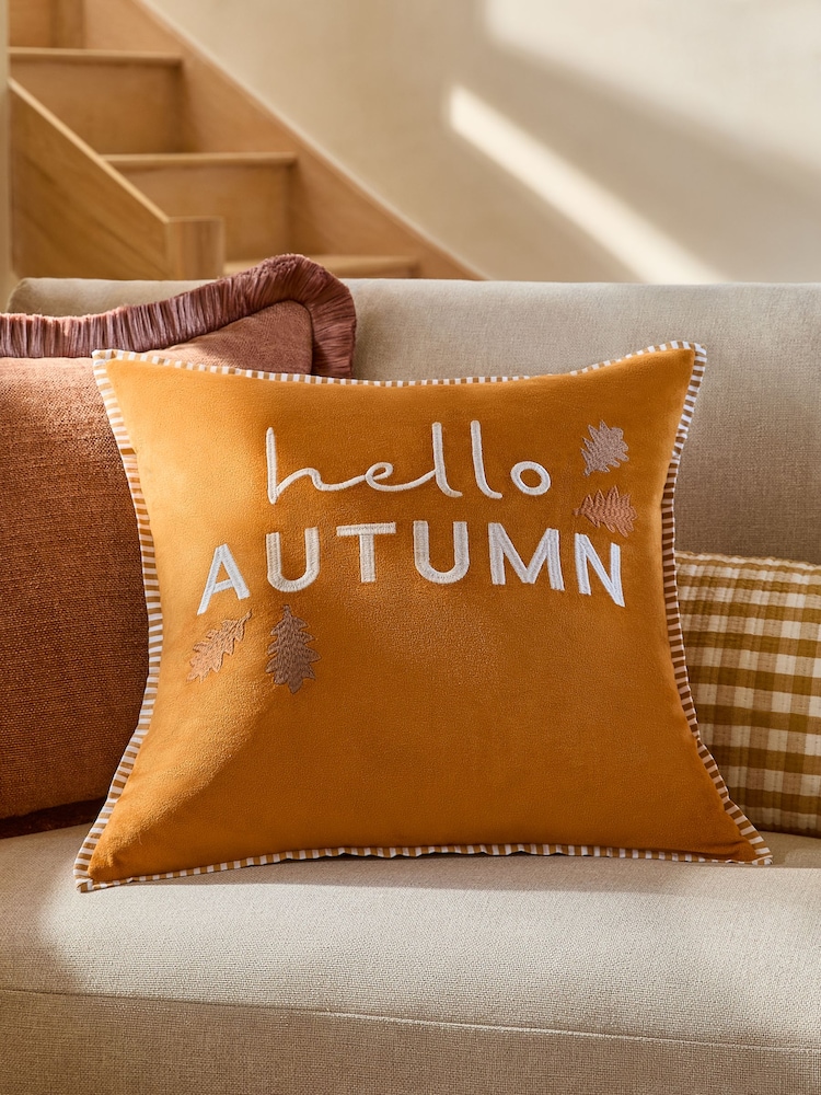 Orange Hello Autumn Velvet Slogan Cushion - Image 1 of 5