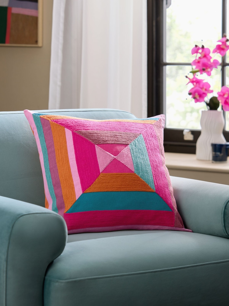 Bright 50 x 50cm Geometric Block Crewelwork Cushion - Image 1 of 5