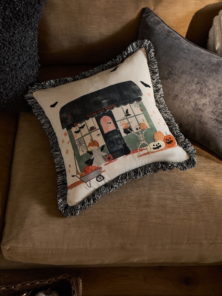 Black 43 x 43cm Embroidered Halloweeen Scene Cushion - Image 1 of 5