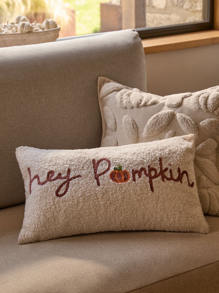 Natural Embroidered Hey Pumpkin Borg Slogan Cushion - Image 1 of 5 Natural Embroidered Hey Pumpkin Borg Slogan Cushion - Image 1 of 5