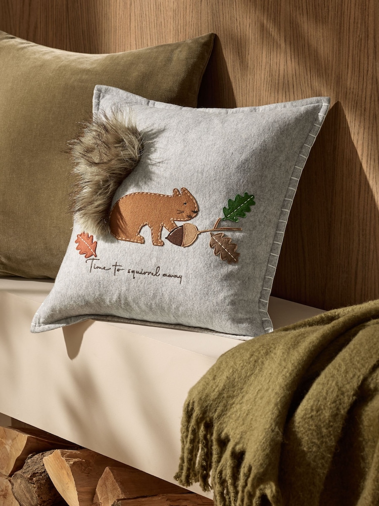 Grey Embroidered Squirrel Cushion - Image 1 of 6 Grey Embroidered Squirrel Cushion - Image 1 of 6