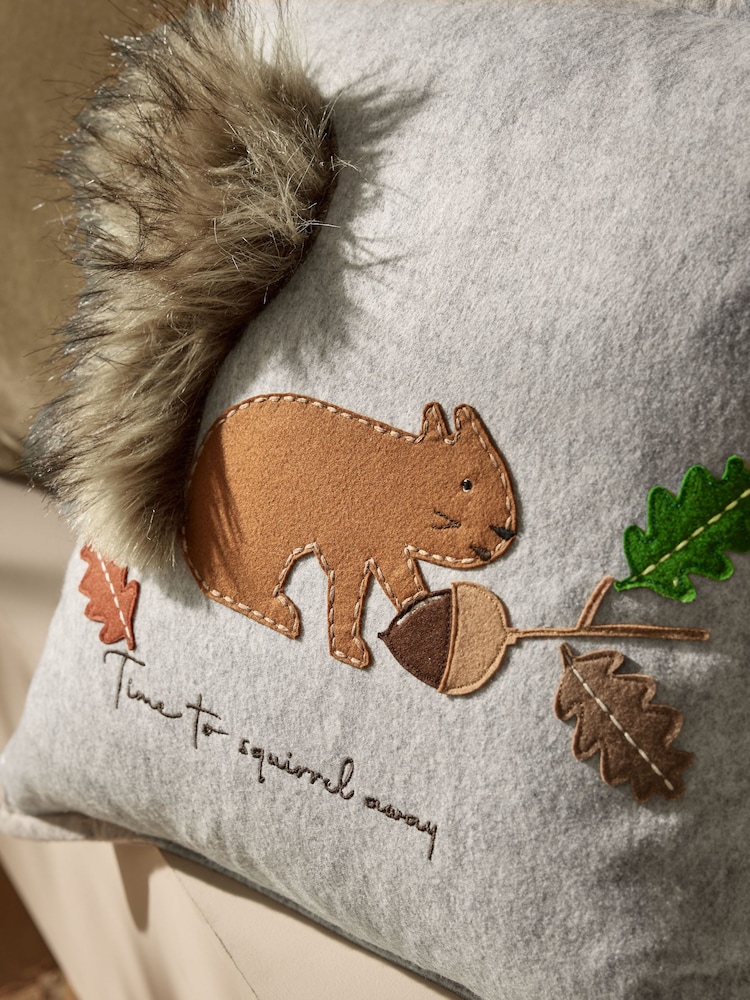 Grey Embroidered Squirrel Cushion - Image 2 of 6 Grey Embroidered Squirrel Cushion - Image 2 of 6