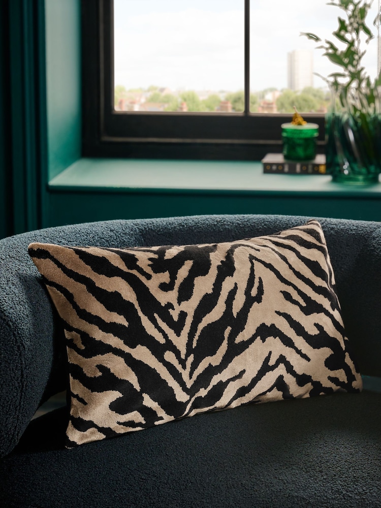 Black/Gold 50 x 30cm Cut Velvet Faux Tiger Cushion - Image 1 of 5