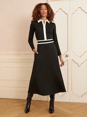 Love & Roses Black Ponte Contrast Trim Zip Front Long Sleeve Midi Dress - Image 1 of 4
