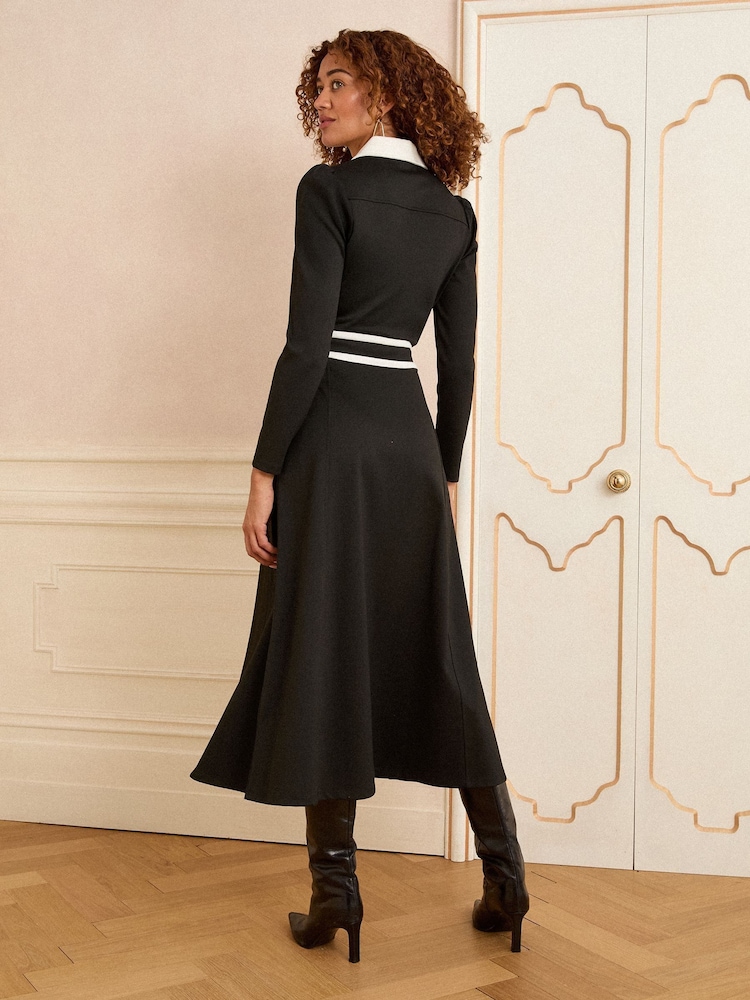 Love & Roses Black Ponte Contrast Trim Zip Front Long Sleeve Midi Dress - Image 2 of 4