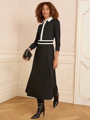 Love & Roses Black Ponte Contrast Trim Zip Front Long Sleeve Midi Dress - Image 3 of 4