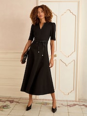Love & Roses Black Petite Crepe V-Neck PU Trim Midi Dress - Image 1 of 4