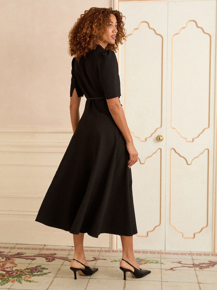 Love & Roses Black Petite Crepe V-Neck PU Trim Midi Dress - Image 2 of 4