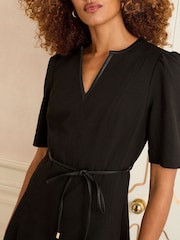 Love & Roses Black Petite Crepe V-Neck PU Trim Midi Dress - Image 4 of 4