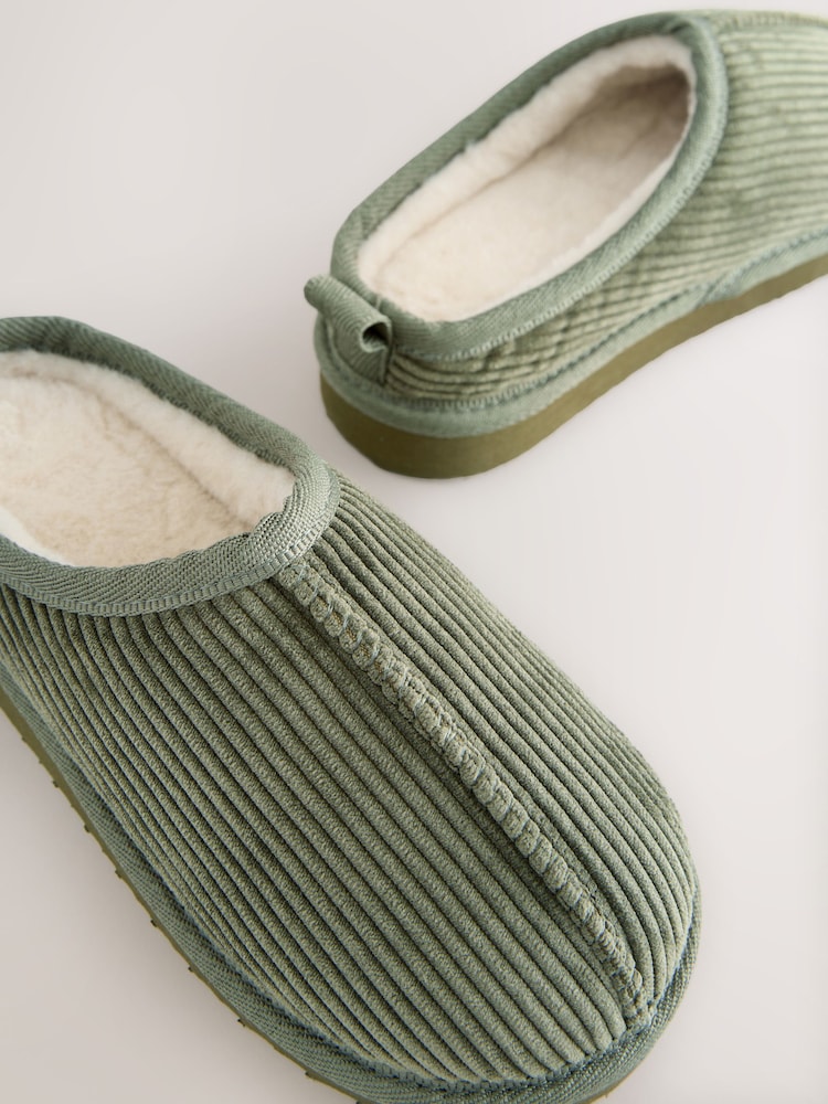 Khaki Green Corduroy Cosy Mule Slippers - Image 1 of 5 Khaki Green Corduroy Cosy Mule Slippers - Image 1 of 5