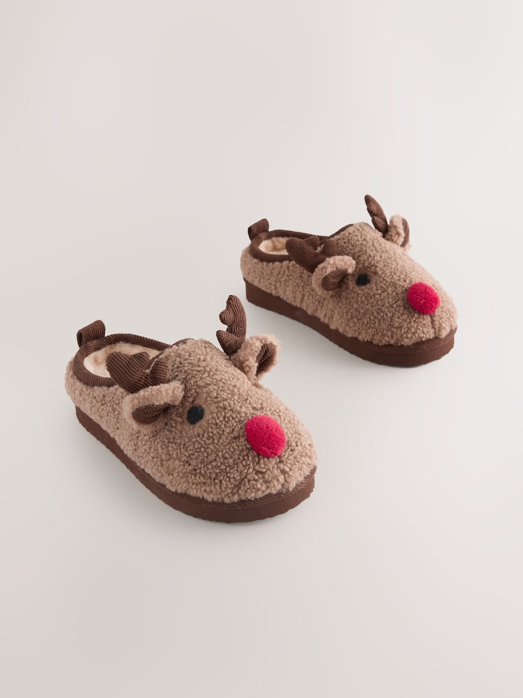 Brown Reindeer Christmas Cosy Slipper Mules - Image 1 of 5