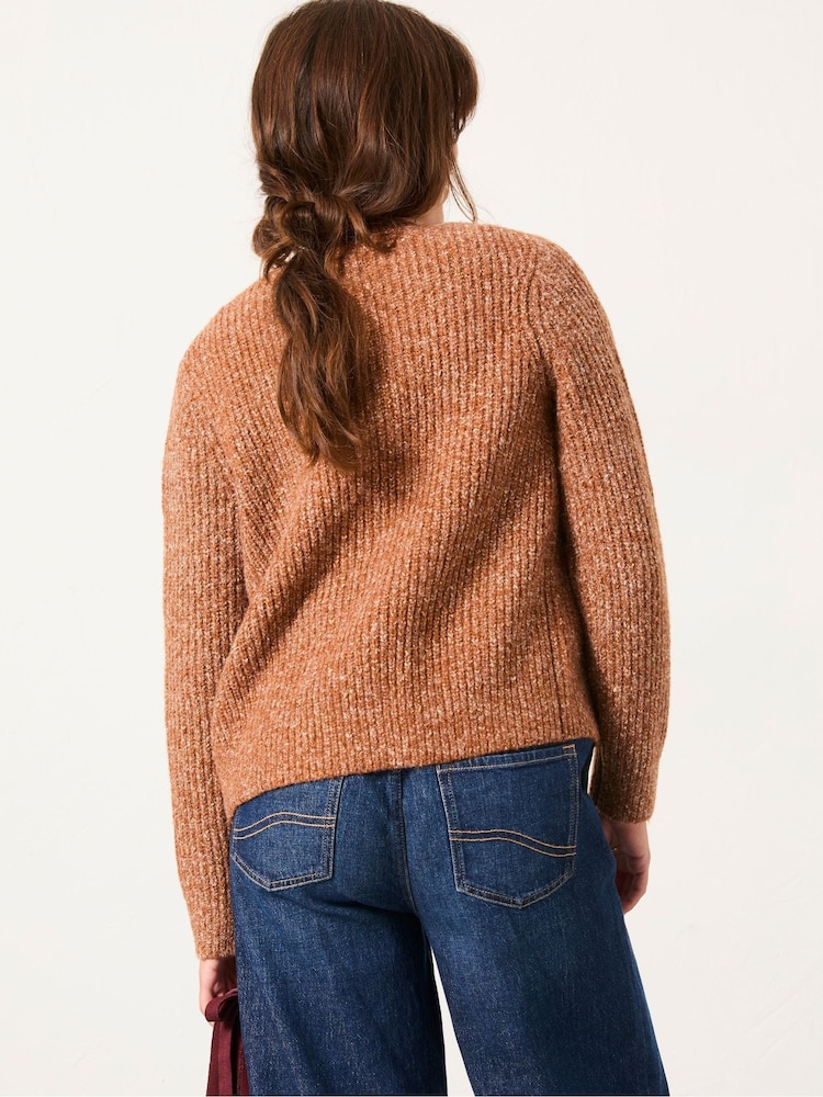 FatFace Faye Tan Brown Ribbed Crew Neck Knitted Cardigan - Image 2 of 6 FatFace Faye Tan Brown Ribbed Crew Neck Knitted Cardigan - Image 2 of 6
