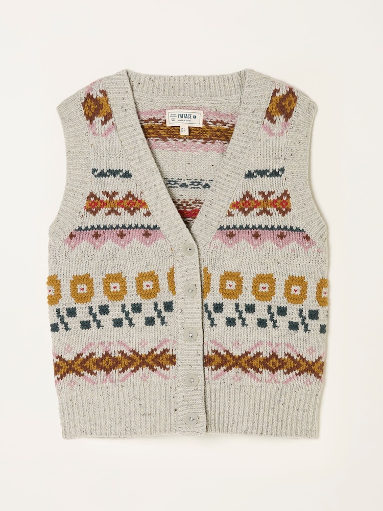 FatFace Lupin Mid Grey Knitted Floral Pattern Waistcoat - Image 6 of 6
