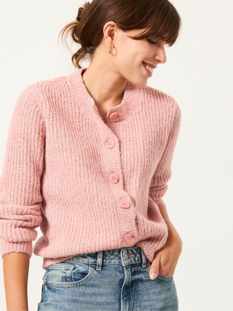 FatFace Faye Rose Pink Ribbed Crew Neck Knitted Cardigan - Image 2 of 6