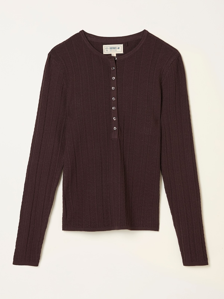 FatFace Mae Chocolate Brown Knitted Textured Henley Jumper - Image 1 of 1 FatFace Mae Chocolate Brown Knitted Textured Henley Jumper - Image 1 of 1
