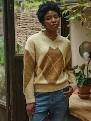 FatFace Ali Natural Argyle Knitted Jumper - Image 1 of 7