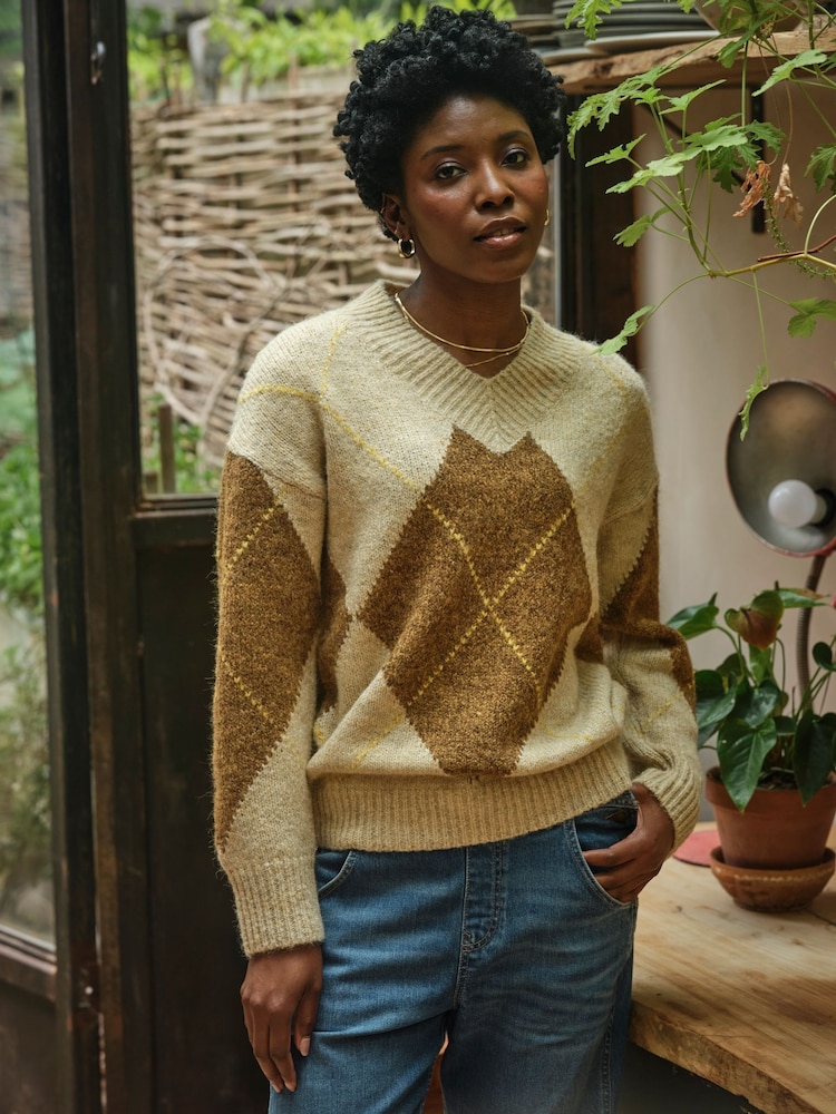 FatFace Ali Natural Argyle Knitted Jumper - Image 1 of 7