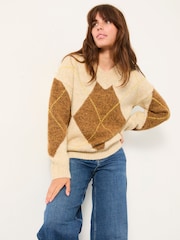 FatFace Ali Natural Argyle Knitted Jumper - Image 2 of 7