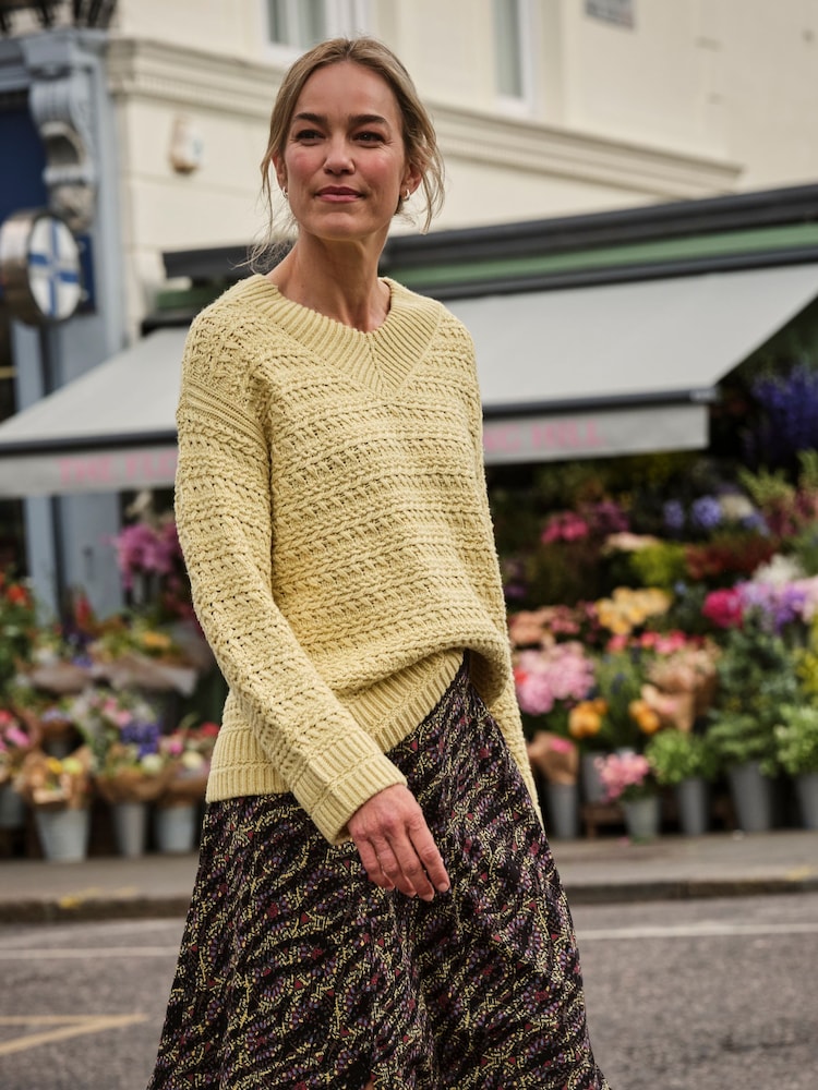 FatFace Stella Lemon Yellow V Neck Knitted Jumper - Image 1 of 7 FatFace Stella Lemon Yellow V Neck Knitted Jumper - Image 1 of 7