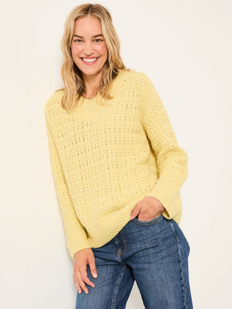FatFace Stella Lemon Yellow V Neck Knitted Jumper - Image 2 of 7 FatFace Stella Lemon Yellow V Neck Knitted Jumper - Image 2 of 7