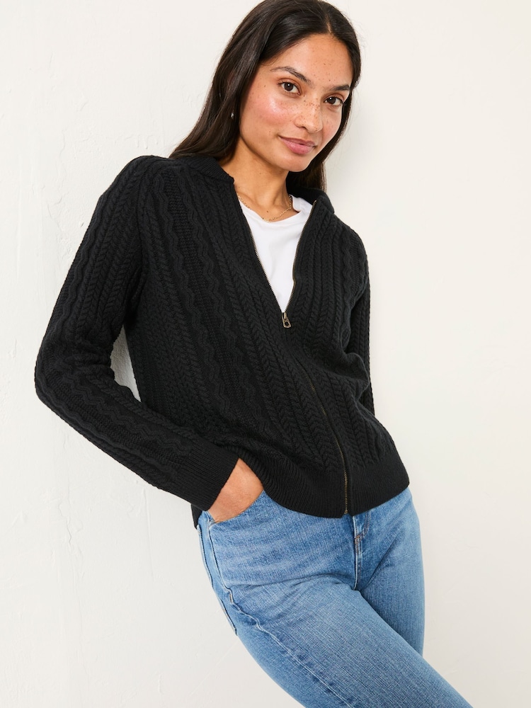 FatFace Loren Black Knitted Cable Bomber - Image 1 of 5 FatFace Loren Black Knitted Cable Bomber - Image 1 of 5
