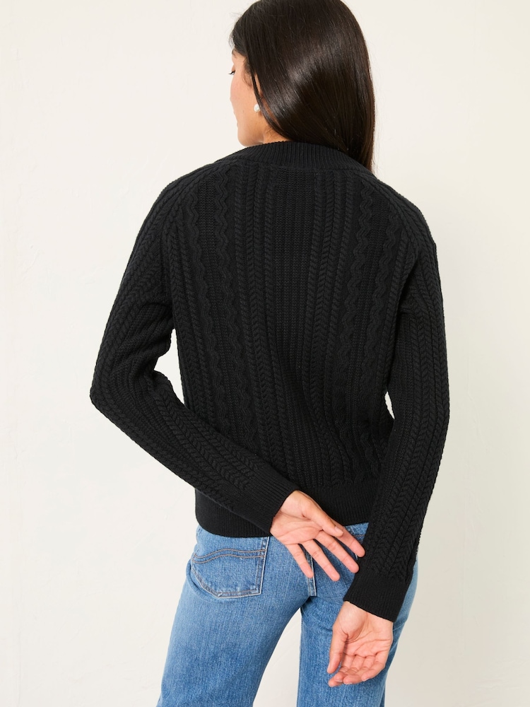 FatFace Loren Black Knitted Cable Bomber - Image 2 of 5 FatFace Loren Black Knitted Cable Bomber - Image 2 of 5