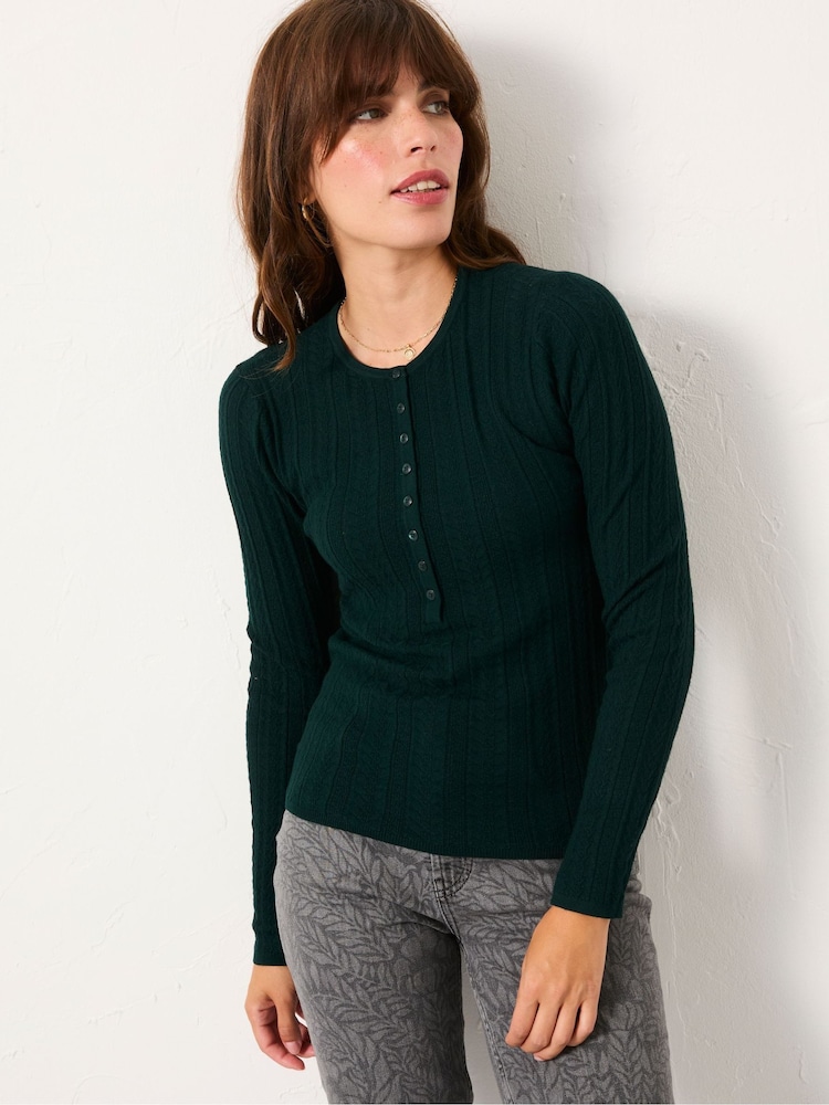 FatFace Mae Jade Green Knitted Textured Henley Jumper - Image 1 of 4 FatFace Mae Jade Green Knitted Textured Henley Jumper - Image 1 of 4
