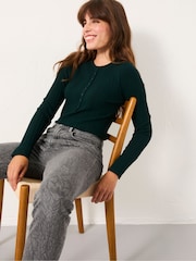 FatFace Mae Jade Green Knitted Textured Henley Jumper - Image 3 of 4