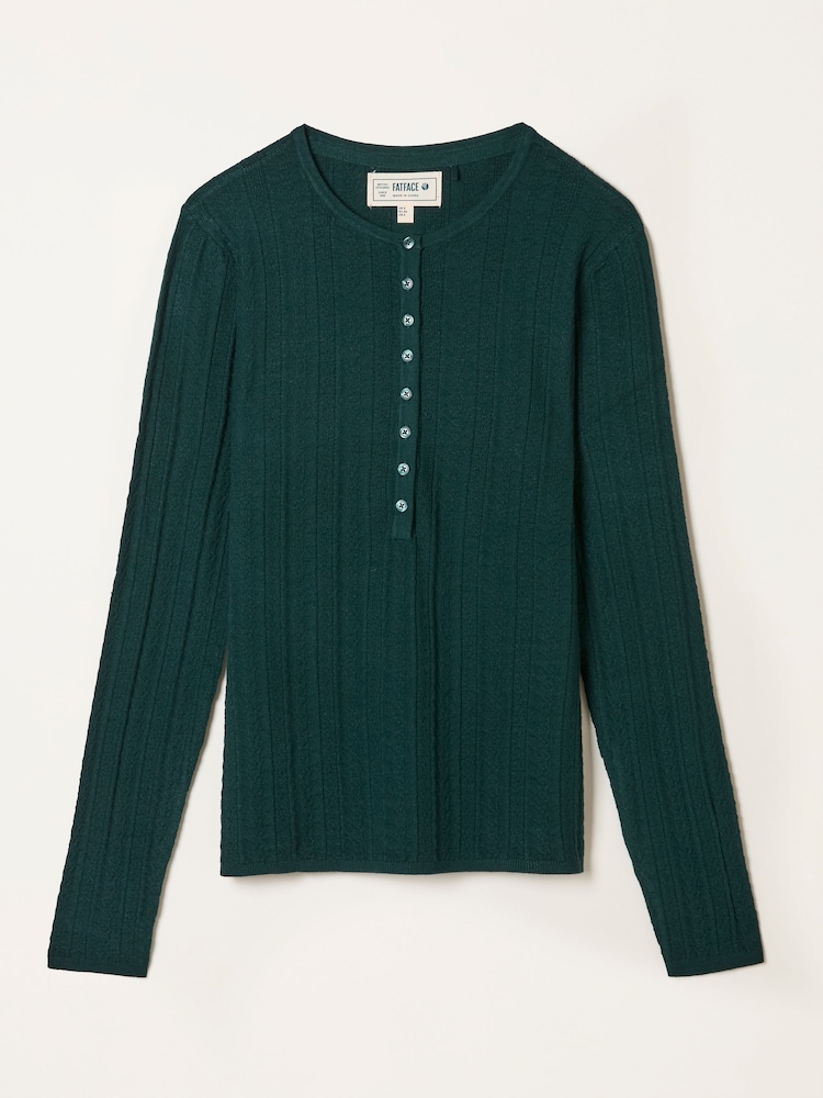 FatFace Mae Jade Green Knitted Textured Henley Jumper - Image 4 of 4 FatFace Mae Jade Green Knitted Textured Henley Jumper - Image 4 of 4