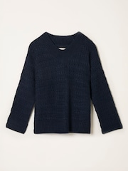 FatFace Stella Dark Navy V Neck Knitted Jumper - Image 1 of 1