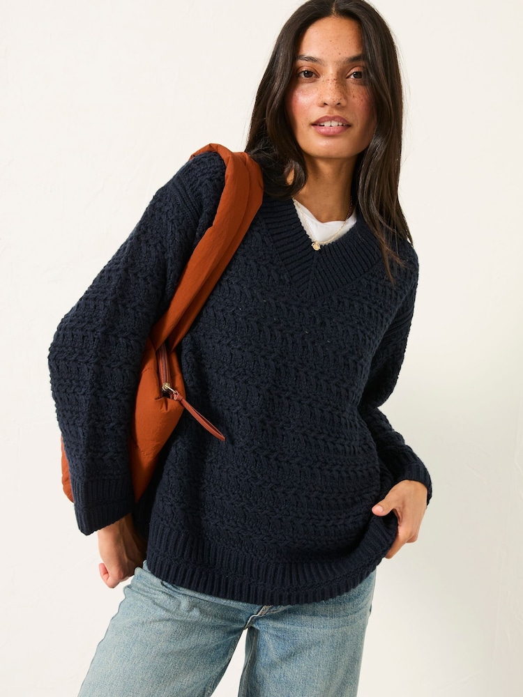 FatFace Stella Dark Navy V Neck Knitted Jumper - Image 1 of 6 FatFace Stella Dark Navy V Neck Knitted Jumper - Image 1 of 6