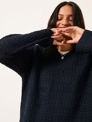FatFace Stella Dark Navy V Neck Knitted Jumper - Image 3 of 6