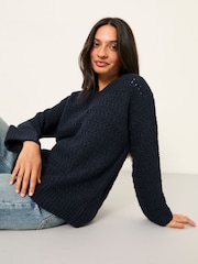 FatFace Stella Dark Navy V Neck Knitted Jumper - Image 4 of 6
