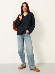 FatFace Stella Dark Navy V Neck Knitted Jumper - Image 5 of 6