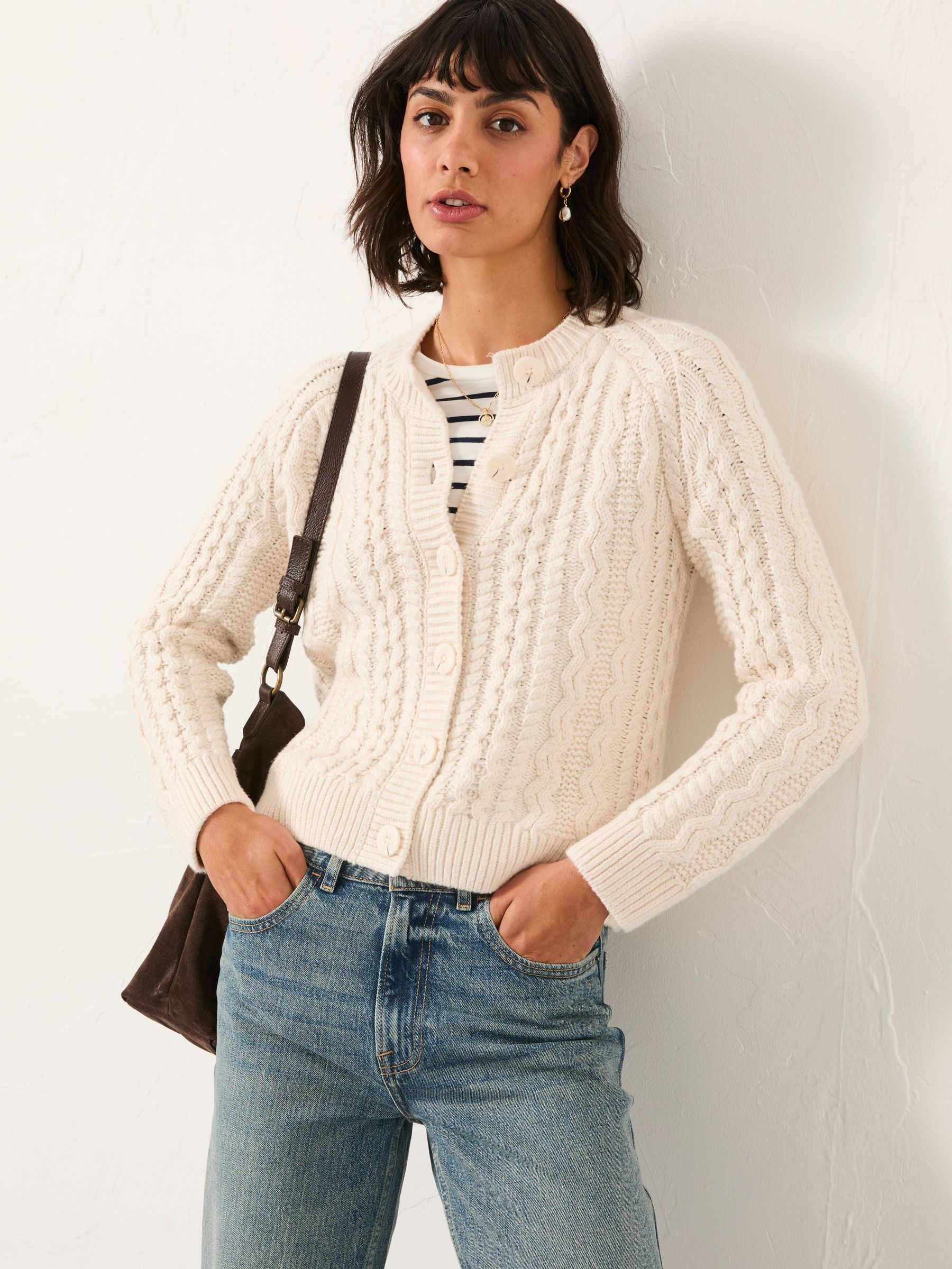 Fat Face Women's Chalk White Fatface Faye Cable Crew Neck Knitted Cardigan