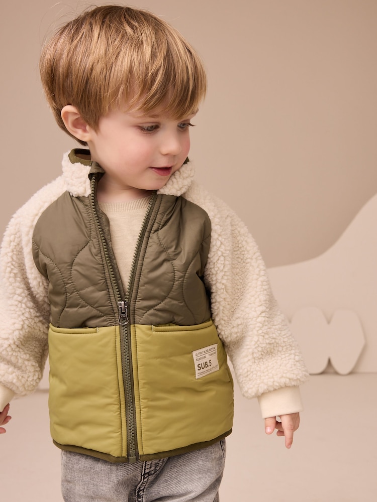 Green Borg Nylon Bomber Borg Nylon Colourblock Shacket (3mths-7yrs) - Image 1 of 6 Green Borg Nylon Bomber Borg Nylon Colourblock Shacket (3mths-7yrs) - Image 1 of 6