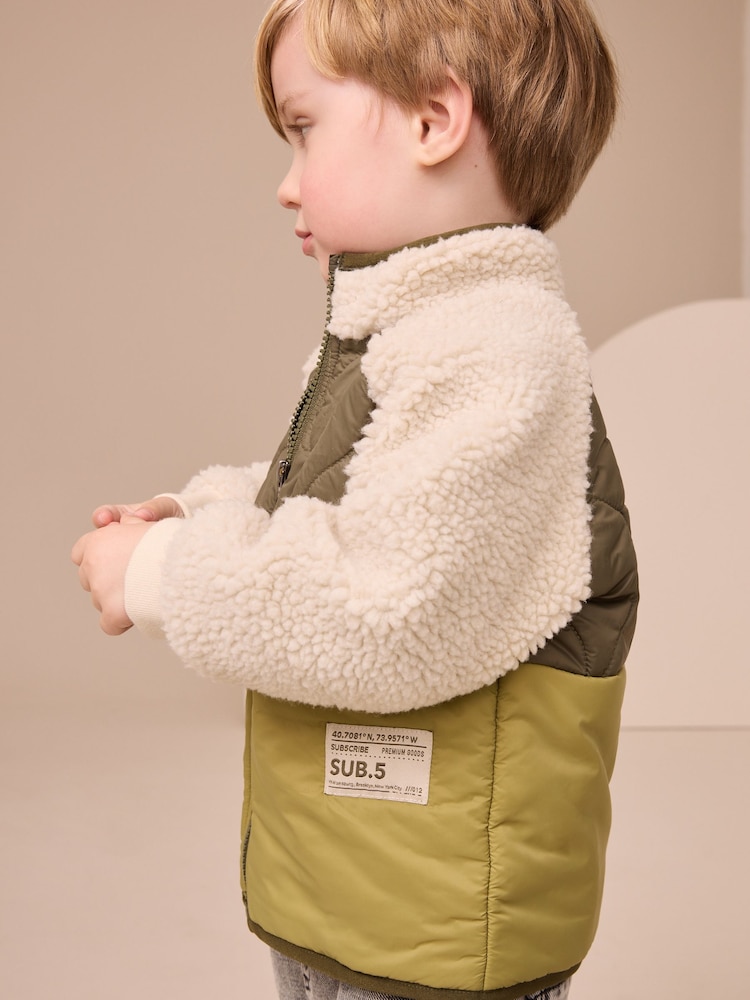 Green Borg Nylon Bomber Borg Nylon Colourblock Shacket (3mths-7yrs) - Image 2 of 6 Green Borg Nylon Bomber Borg Nylon Colourblock Shacket (3mths-7yrs) - Image 2 of 6