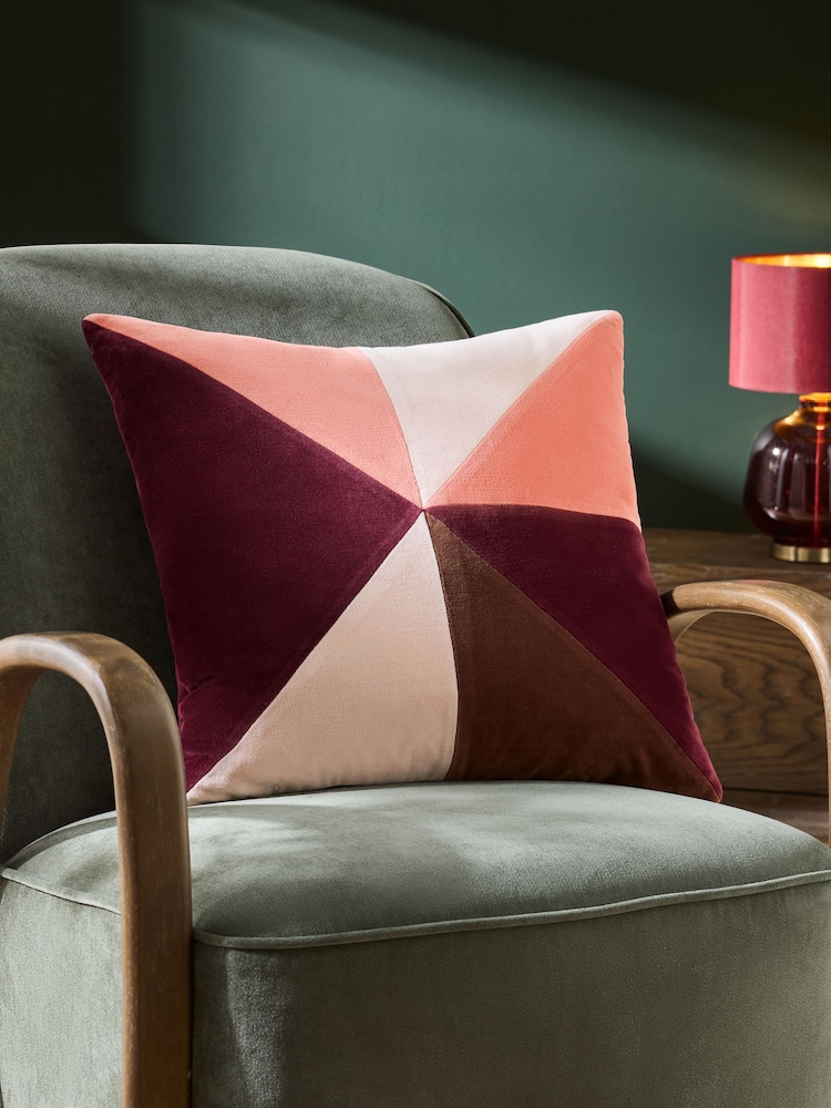 Burgundy Red 50 x 50cm Multi Patchwork Velvet Cushion - Image 1 of 6