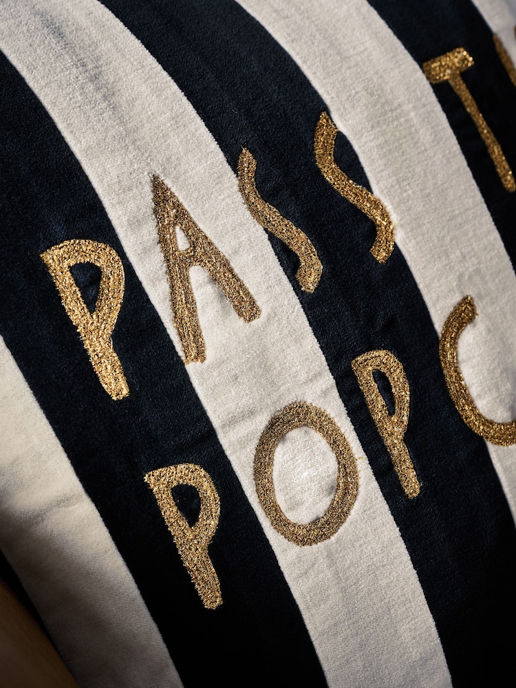 Black/White 43 x 43cm Popcorn Slogan Stripe Velvet Cushion - Image 2 of 5