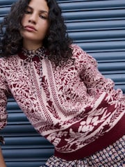 FatFace Burgundy Red Floral Bouquet Knitted Crew Neck Jumper - Image 6 of 7